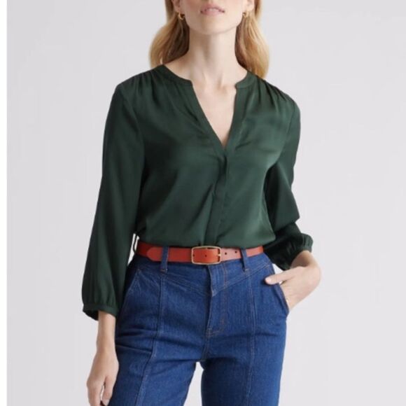 NEW Quince Washable Mulberry Silk Pleat Back 3/4 Puff Sleeve Blouse Green XS - Picture 1 of 10